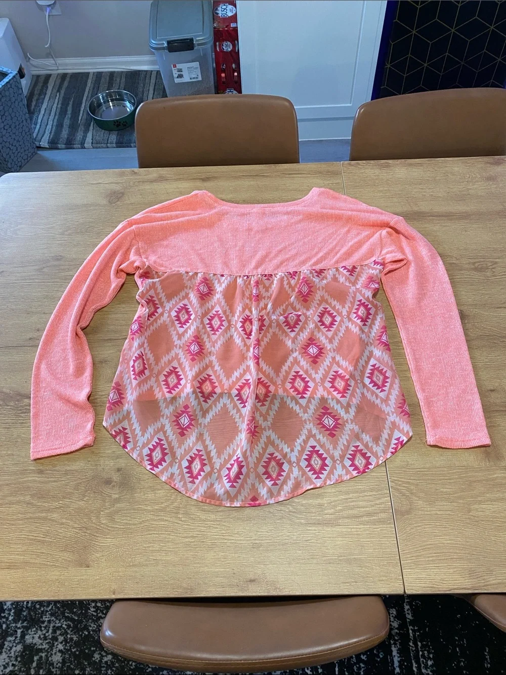 No Boundaries Coral Pullover Long Sleeve Top with Aztec Chiffon Hem - Picture 6 of 7